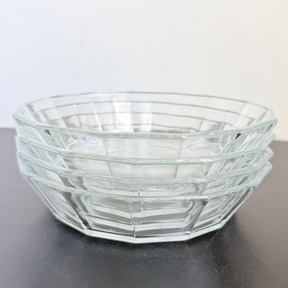 Bormioli Rocco Dessert Bowls Set of 4 7-inch Clear Glass Octagonal Paneled Italy